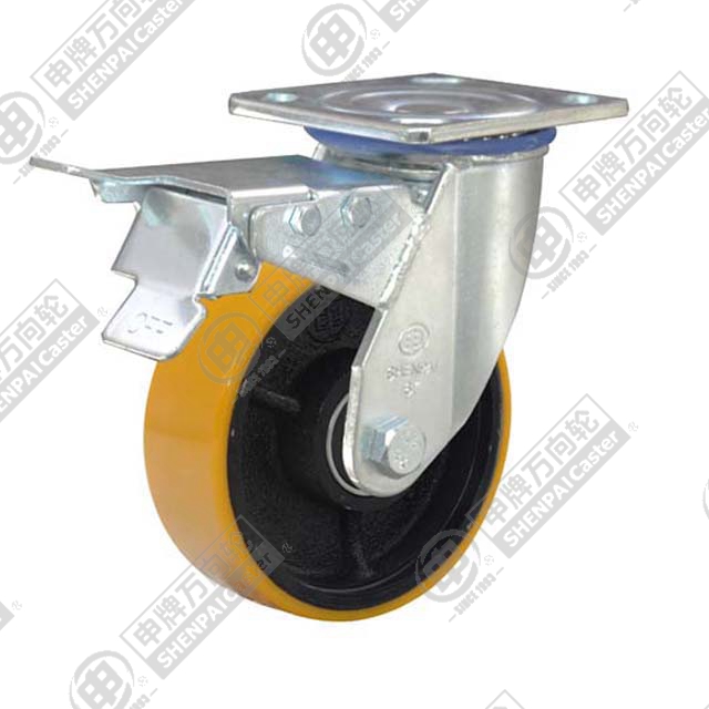 5" Top Plate Swivel Caster, Iron Core Polyurethane Wheel, Total Lock Brake