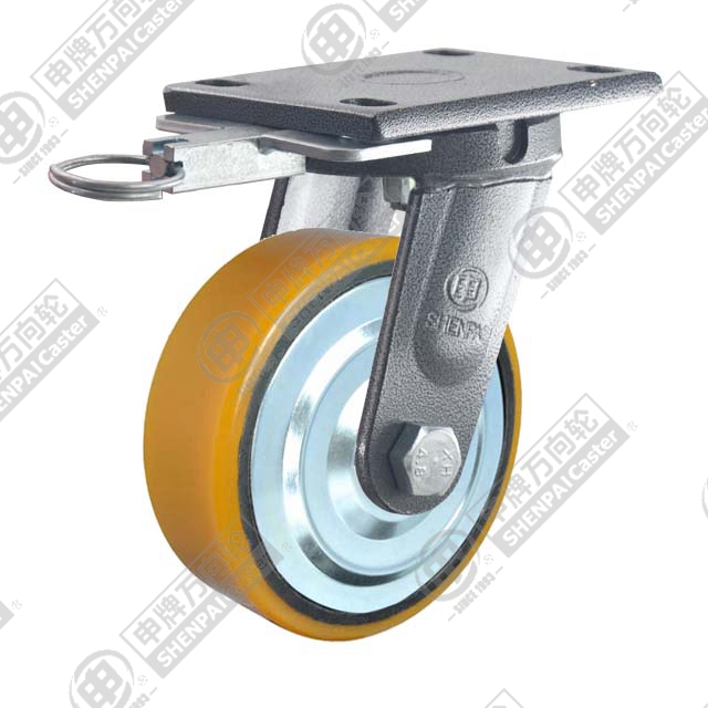 4" Top Plate Swivel Caster, Iron Core Polyurethane Wheel, Direction Lock Brake