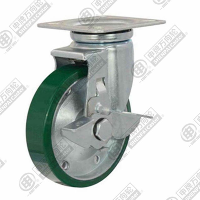 6" Top Plate Swivel Caster, Steel Core Polyurethane Wheel, Total Lock Brake
