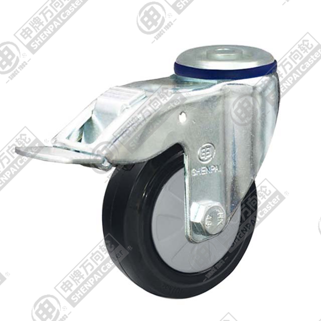 4" Bolt Hole Swivel Caster, Nylon Core Rubber Wheel, Total Lock Brake
