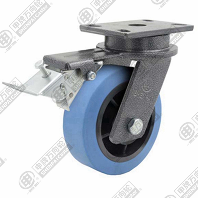 8" Top Plate Swivel Caster, Iron Core Nylon Wheel, Rear Parking Brake