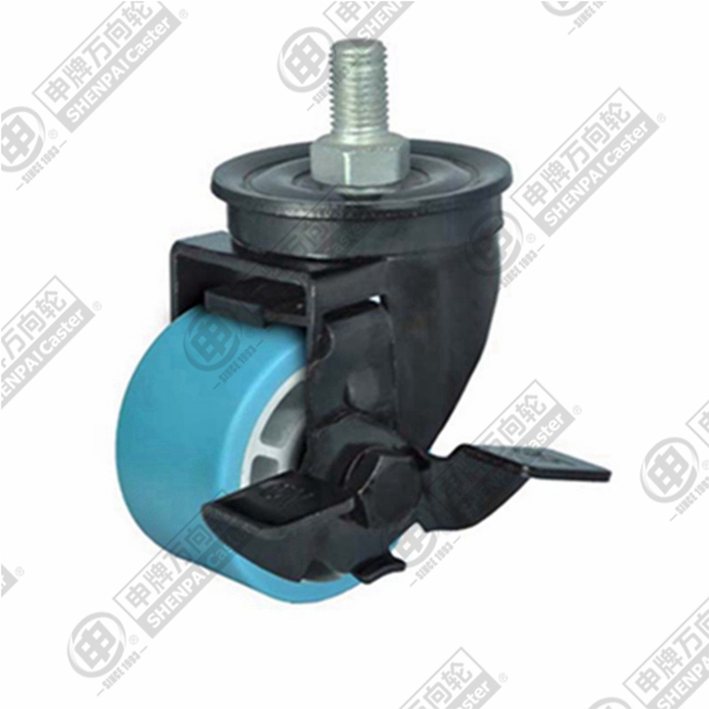 4" Threaded Stem Swivel Caster, Aluminum Core Nylon Wheel, Rear Parking Brake, M16*30