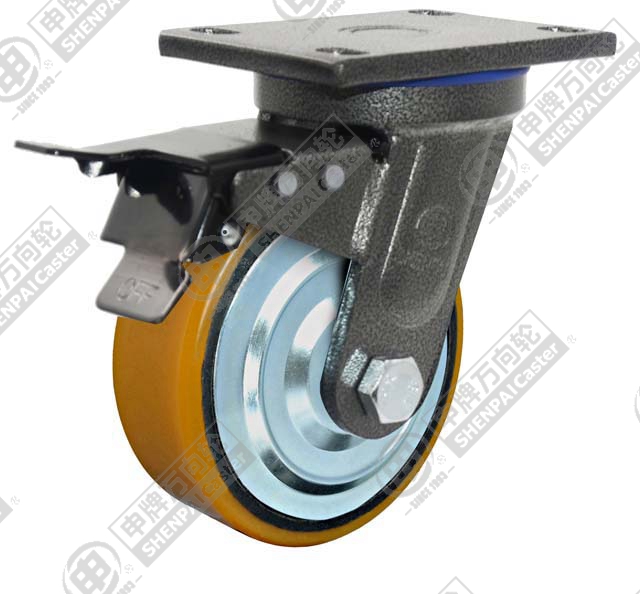 4" Top Plate Swivel Caster, Iron Core Polyurethane Wheel, Total Lock Brake
