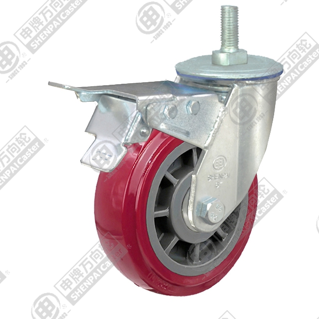 5" Threaded Stem Swivel Caster, Plastic-core Polyurethane Wheel, Total Lock Brake, M20*32
