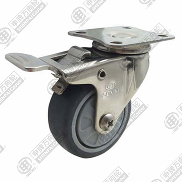 2" Top Plate Swivel Caster, Stainless Steel Frame, Plastic-core TPE Wheel, Total Lock Brake