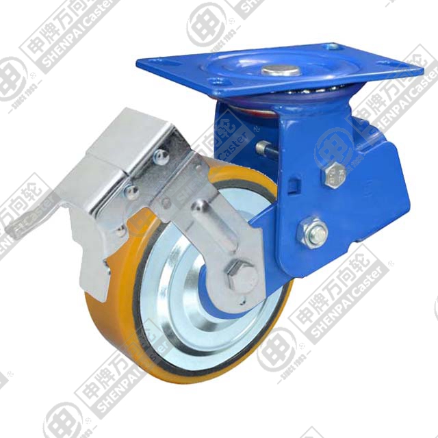 6" Top Plate Swivel Caster, Iron Core Polyurethane Wheel, Total Lock Brake