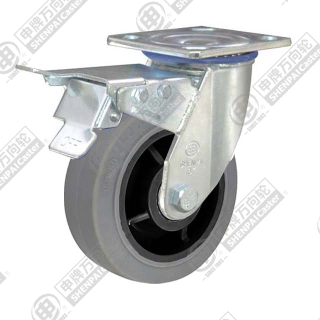6" Top Plate Swivel Caster, Plastic-core TPE Wheel, Total Lock Brake