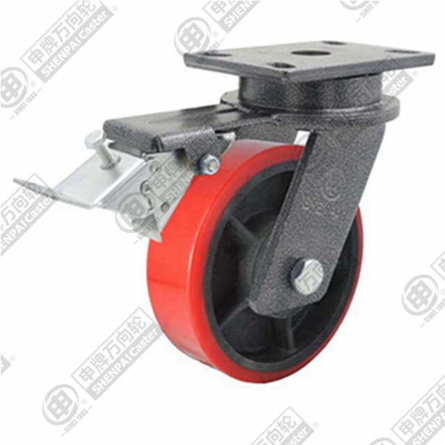 12" Top Plate Swivel Caster, Iron Core Polyurethane Wheel, Rear Parking Brake