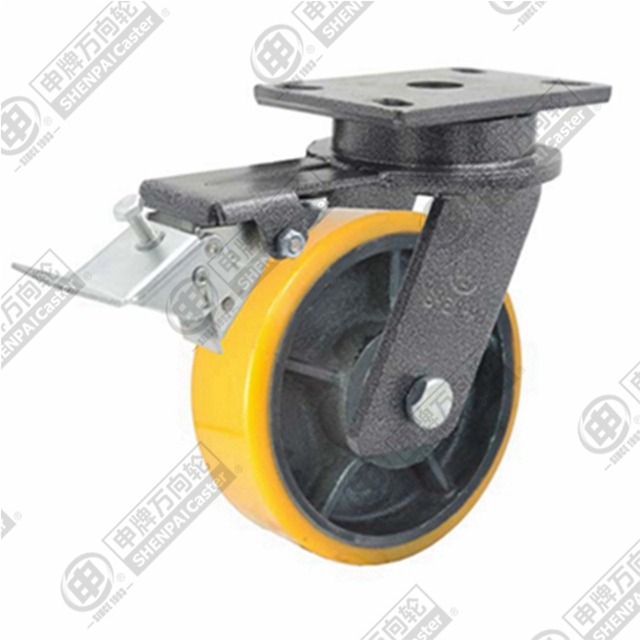 12" Top Plate Swivel Caster, Iron Core Polyurethane Wheel, Rear Parking Brake