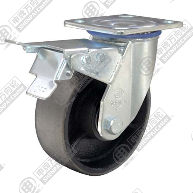 6" Top Plate Swivel Caster, Cast Iron Wheel, Total Lock Brake
