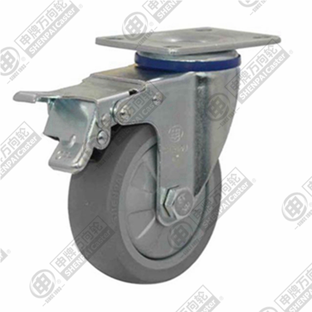 5" Top Plate Swivel Caster, Plastic-core TPE Wheel, Total Lock Brake