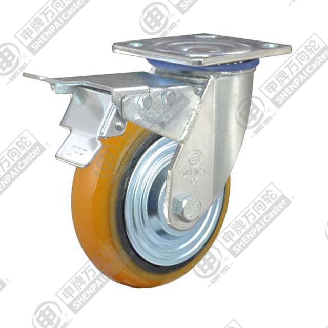6" Top Plate Swivel Caster, Iron Core Polyurethane Wheel, Total Lock Brake