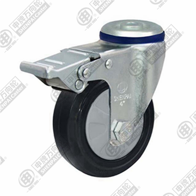 5" Bolt Hole Swivel Caster, Nylon Core Rubber Wheel, Total Lock Brake