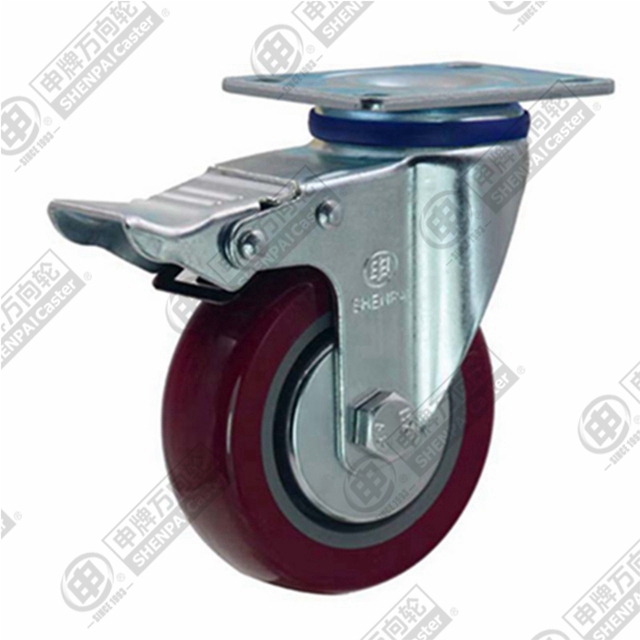 4" Top Plate Swivel Caster, Plastic-core Polyurethane Wheel, Total Lock Brake