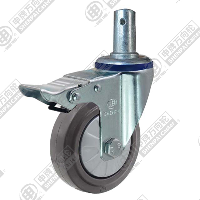 4" Round Stem Swivel Caster, Nylon Core Rubber Wheel, Total Lock Brake