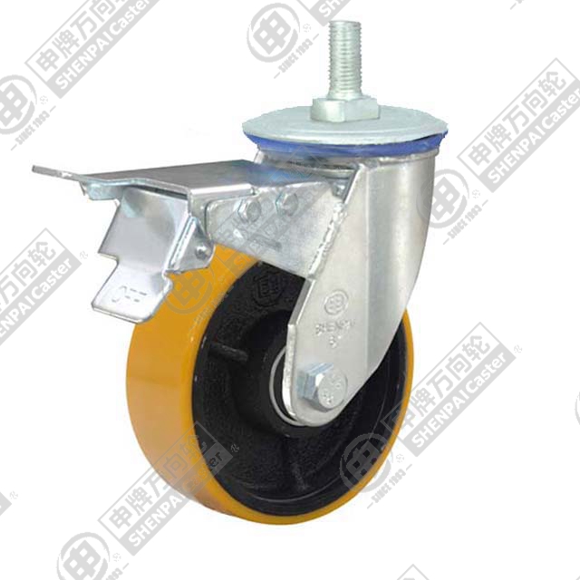 4" Threaded Stem Swivel Caster, Iron Core Polyurethane Wheel, Total Lock Brake, M20*32