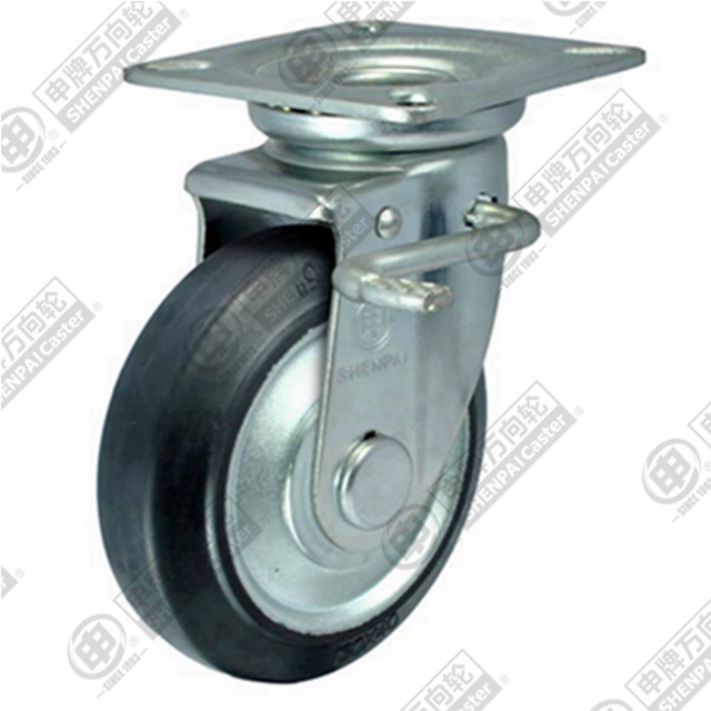5" Top Plate Swivel Caster, Steel Core Rubber Wheel, Total Lock Brake