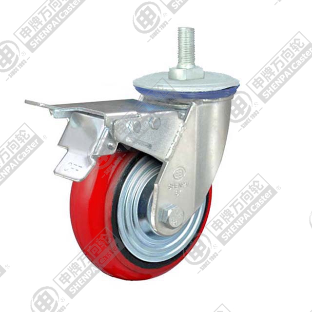 6" Threaded Stem Swivel Caster, Iron Core Polyurethane Wheel, Rear Parking Brake, M20*45