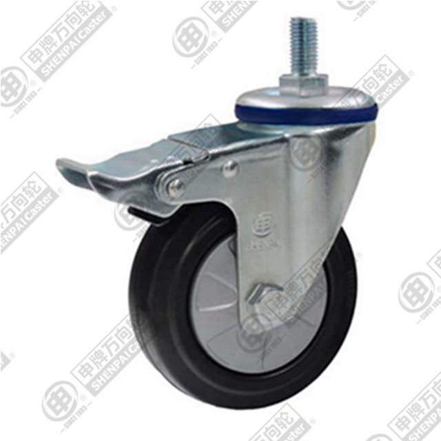 5" Threaded Stem Swivel Caster, Nylon Core Rubber Wheel, Total Lock Brake, M12*25