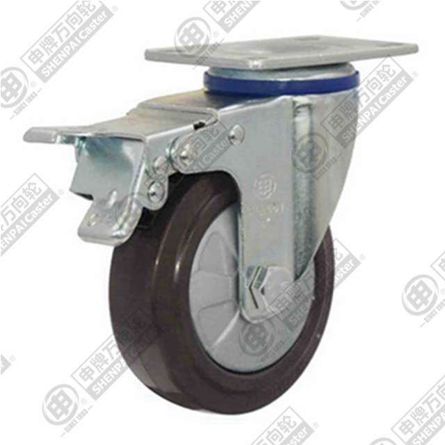 5" Top Plate Swivel Caster, Nylon Core Rubber Wheel, Total Lock Brake