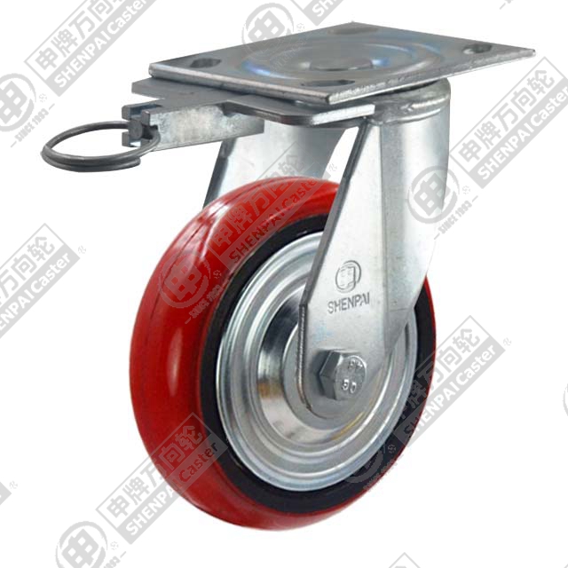 6" Top Plate Swivel Caster, Iron Core Polyurethane Wheel, Direction Lock Brake
