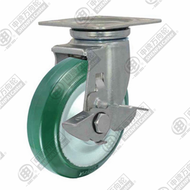 4" Top Plate Swivel Caster, Steel Core Rubber Wheel, Total Lock Brake