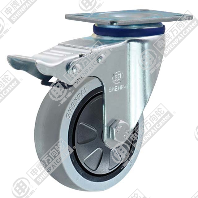 4" Top Plate Swivel Caster, Plastic-core TPE Wheel, Total Lock Brake