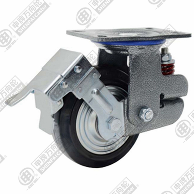 8" Top Plate Swivel Caster, Iron Core Rubber Wheel, Total Lock Brake