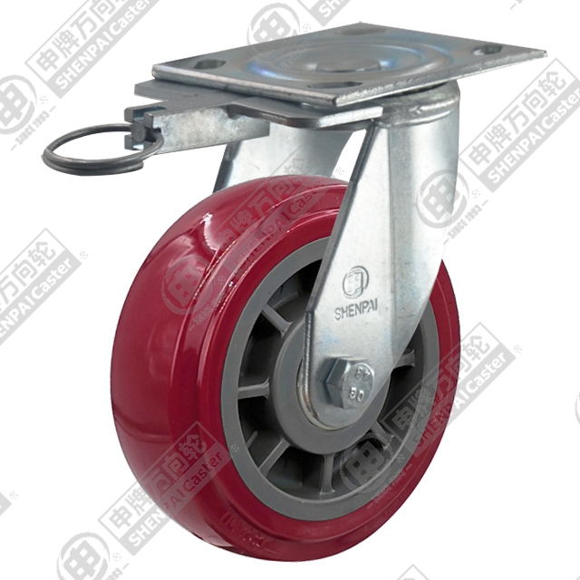 8" Top Plate Swivel Caster, Plastic-core Polyurethane Wheel, Direction Lock Brake