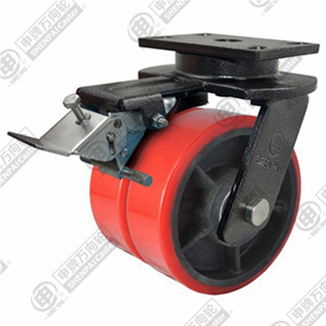 6" Top Plate Swivel Caster, Iron Core Polyurethane Wheel, Rear Parking Brake