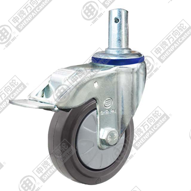 5" Round Stem Swivel Caster, Nylon Core Rubber Wheel, Total Lock Brake