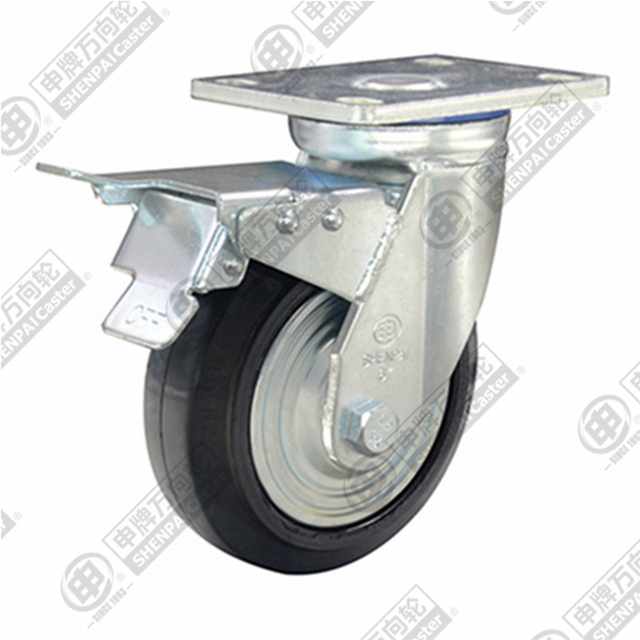 6" Top Plate Swivel Caster, Iron Core Rubber Wheel, Total Lock Brake