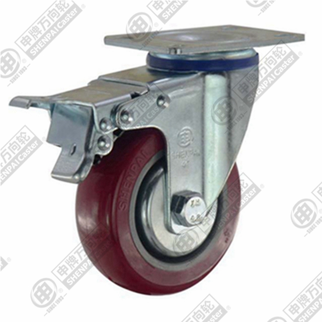 4" Top Plate Swivel Caster, Plastic-core Polyurethane Wheel, Total Lock Brake