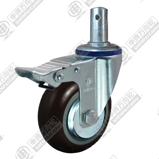 5" Round Stem Swivel Caster, Plastic-core Nylon Wheel, Total Lock Brake