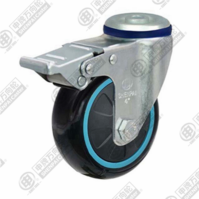 4" Bolt Hole Swivel Caster, Plastic-core Polyurethane Wheel, Total Lock Brake