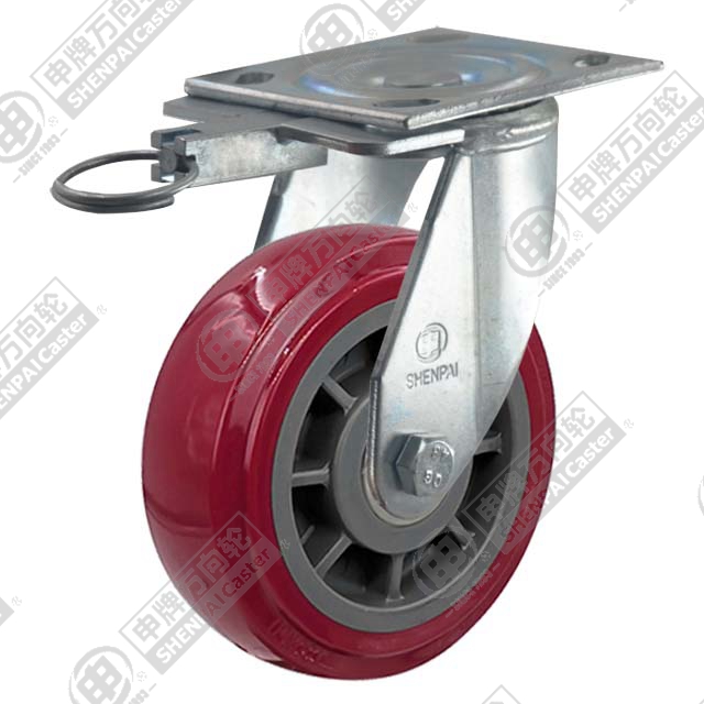 6" Top Plate Swivel Caster, Plastic-core Polyurethane Wheel, Direction Lock Brake