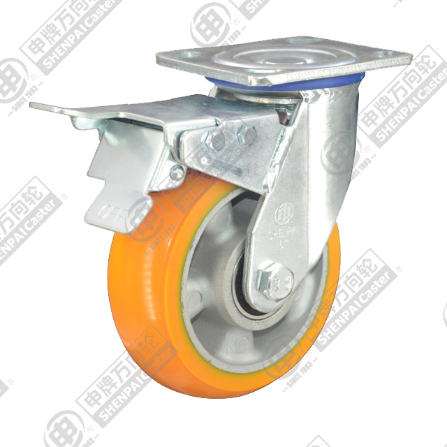 6" Top Plate Swivel Caster, Aluminum Core Polyurethane Wheel, Total Lock Brake