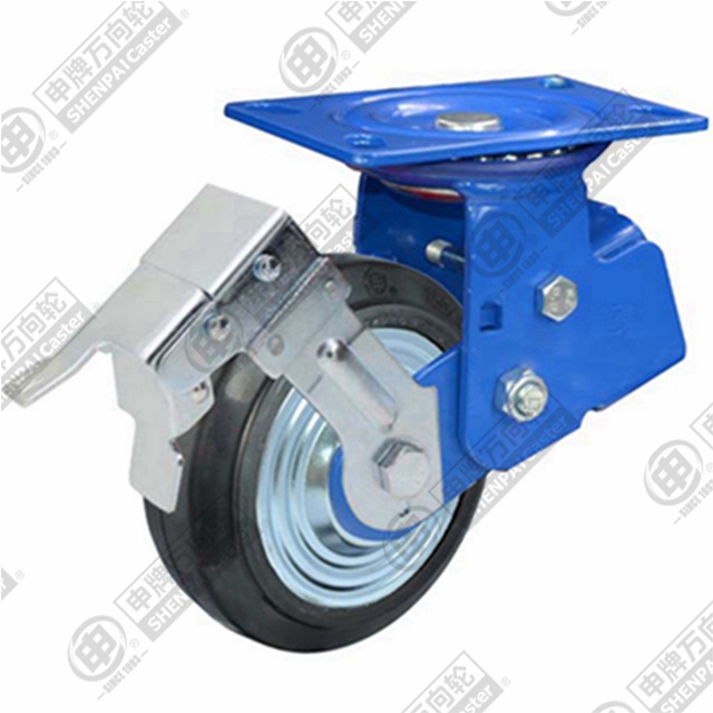 6" Top Plate Swivel Caster, Iron Core Rubber Wheel, Total Lock Brake