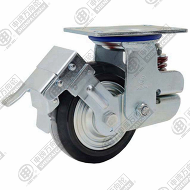 8" Top Plate Swivel Caster, Iron Core Rubber Wheel, Total Lock Brake