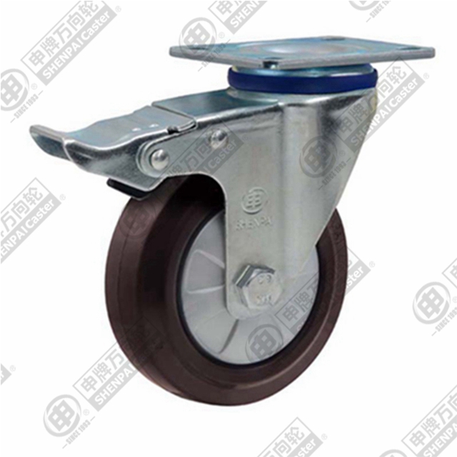 5" Top Plate Swivel Caster, Nylon Core Rubber Wheel, Total Lock Brake