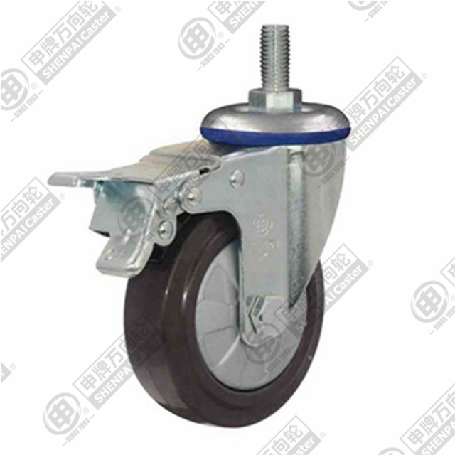 4" Threaded Stem Swivel Caster, Nylon Core Rubber Wheel, Total Lock Brake, M12*25