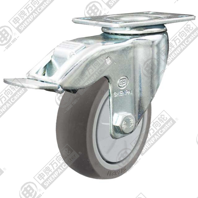 4" Top Plate Swivel Caster, Plastic-core TPE Wheel, Total Lock Brake