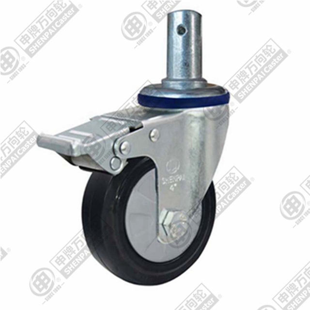 4" Round Stem Swivel Caster, Nylon Core Rubber Wheel, Total Lock Brake