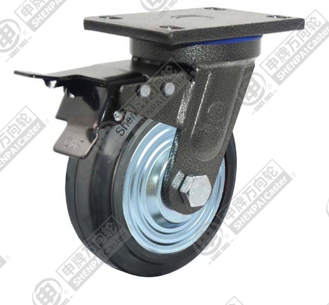 8" Top Plate Swivel Caster, Iron Core Rubber Wheel, Total Lock Brake