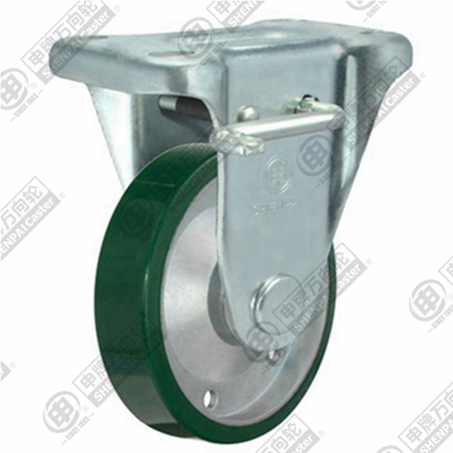 8" Top Plate Fixed Caster, Steel Core Polyurethane Wheel, Rear Parking Brake