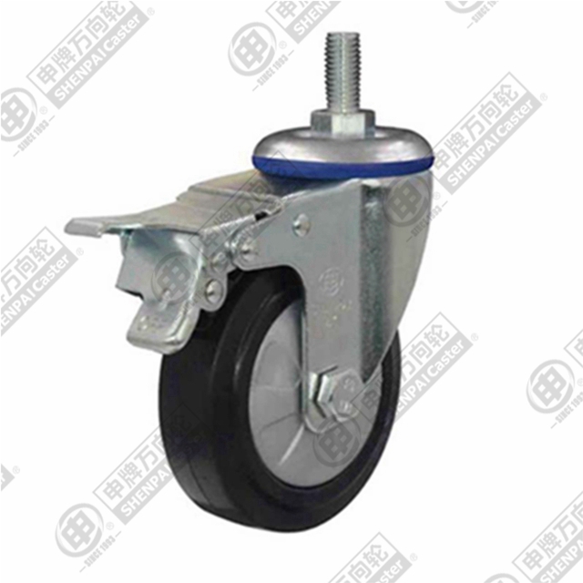 3" Threaded Stem Swivel Caster, Nylon Core Rubber Wheel, Total Lock Brake, M12*25