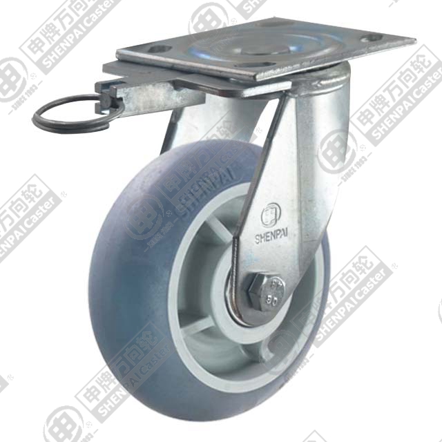 6" Top Plate Swivel Caster, Plastic-core TPE Wheel, Rear Parking Brake