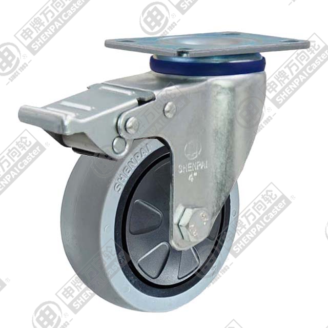 3" Top Plate Swivel Caster, Plastic-core TPE Wheel, Total Lock Brake