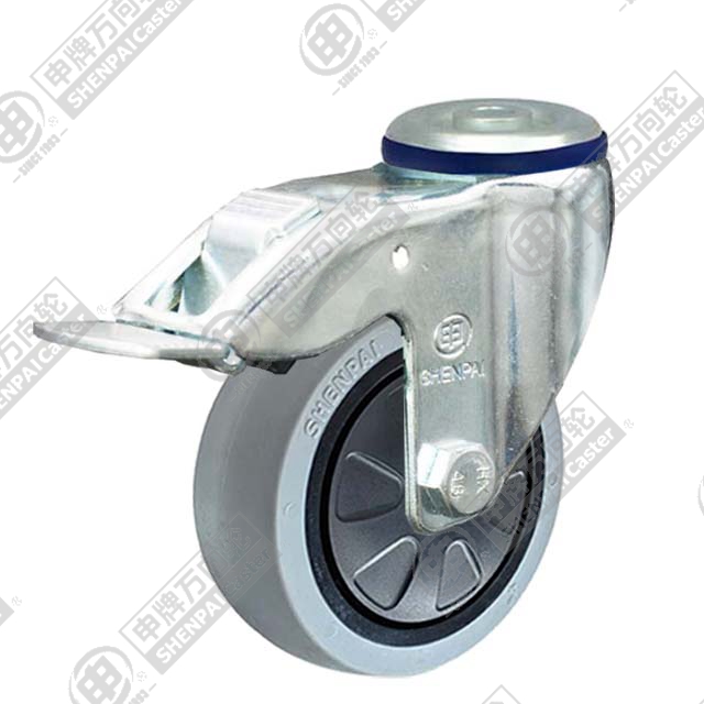 4" Bolt Hole Swivel Caster, Plastic-core TPE Wheel, Total Lock Brake