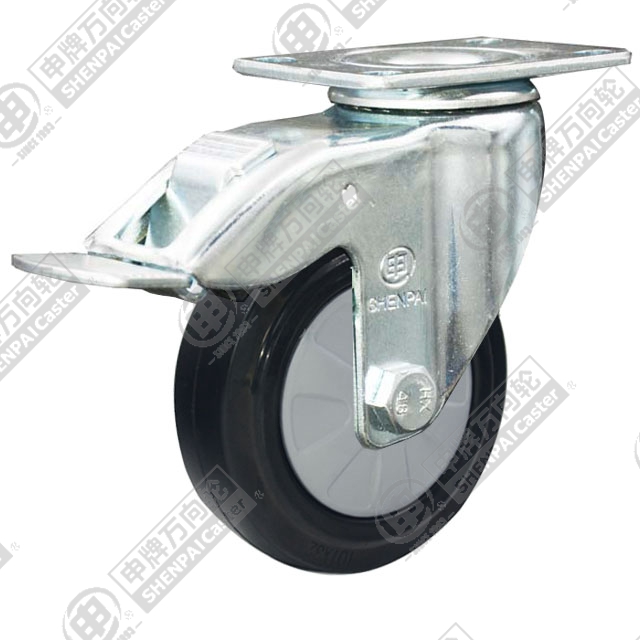 4" Top Plate Swivel Caster, Nylon Core Rubber Wheel, Total Lock Brake